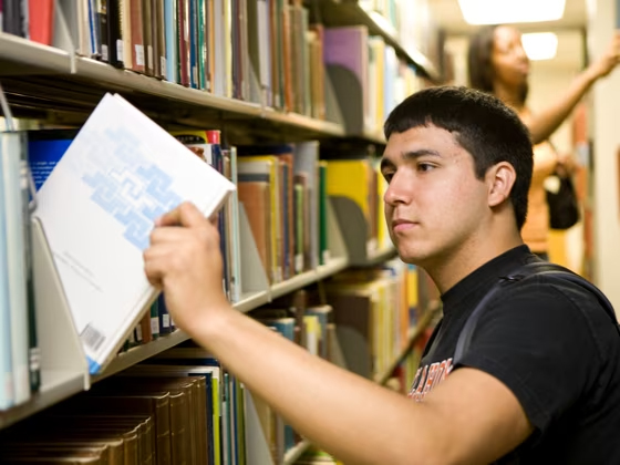 Male student grabbing book off library shelf