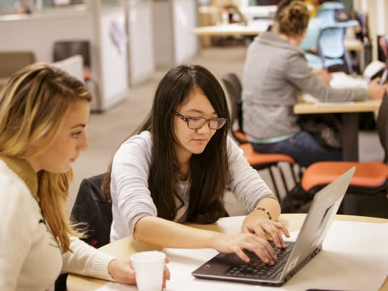 Two students sharing a laptop on a circular table in a brightly lit room