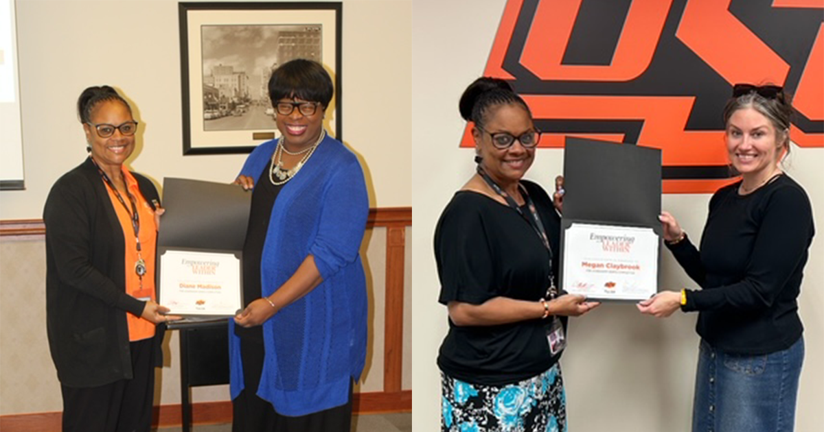 Two students pose with their leadership workshop certificates alongside AVP of Student Affairs Nekki Reagan-Neeley.